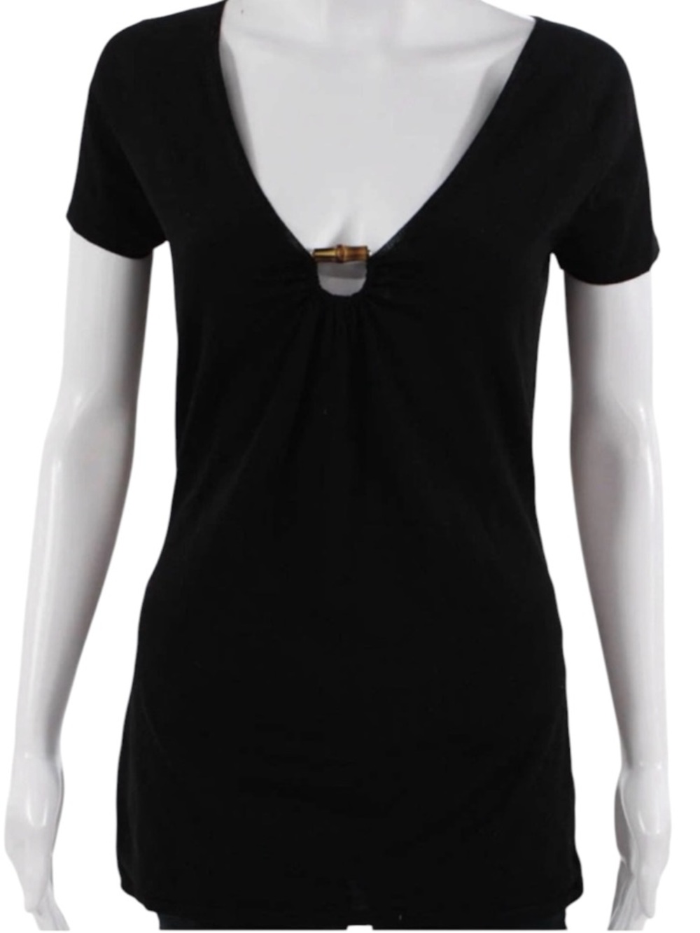 Gucci Black Short Sleeve Lana Vergine Wool Sweater w Wood Accent Sz XL ( L) EUC